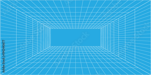 3d wireframe grid room. 3d perspective laser grid 16 9.. Cyberspace blue background with white mesh. Futuristic digital hallway space in virtual reality. Vector illustration.