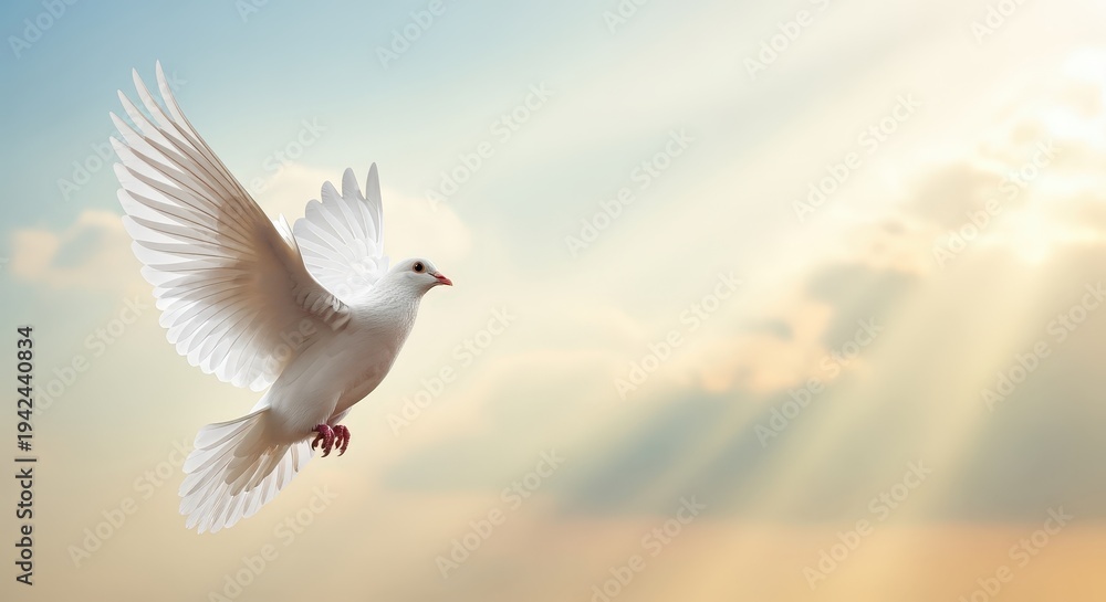 Obraz premium A white dove with its wings spread flies upward through a soft sky gradient symbolizing peace and hope