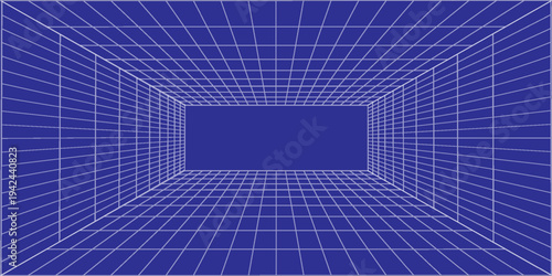 3d wireframe grid room. 3d perspective laser grid 16 9.. Cyberspace blue background with white mesh. Futuristic digital hallway space in virtual reality. Vector illustration.