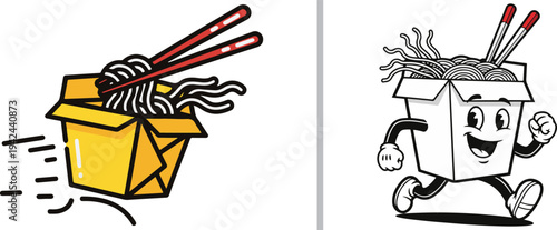Dynamic vector illustrations of running Chinese takeout boxes. Features a yellow box with motion trails and a cheerful white mascot character, both brimming with noodles and chopsticks.