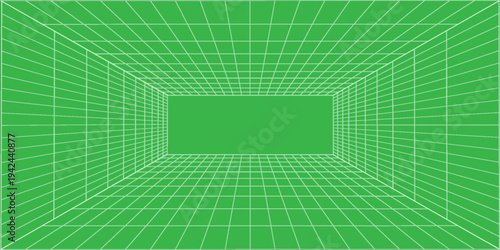 3d wireframe grid room. 3d perspective laser grid 16 9.. Cyberspace blue background with white mesh. Futuristic digital hallway space in virtual reality. Vector illustration.