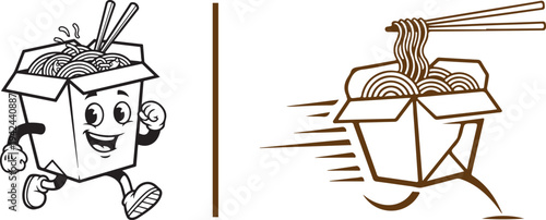 Two expressive running noodle box mascots. One is a classic "rubber hose" style character with a wide grin, while the other is a brown line-art version featuring speed lines and lifted noodles.