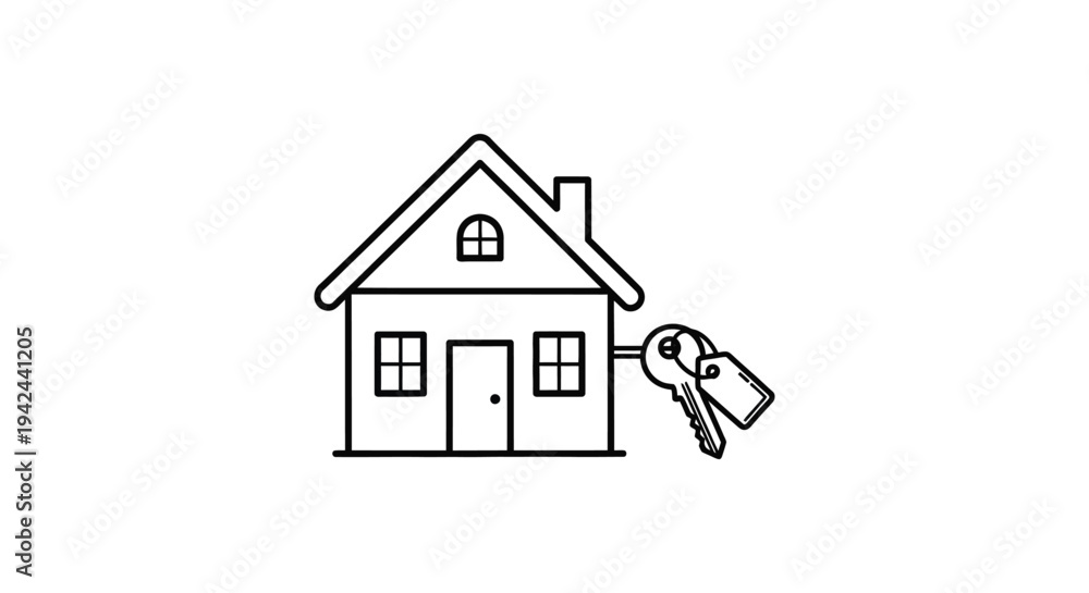 Obraz premium Simple black line vector illustration of a house with keys symbolizing ownership transfer