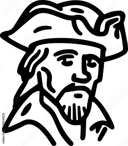 Hand Drawn Male Pirate Black and White Avatar Illustration in Minimal Line Art Style Design