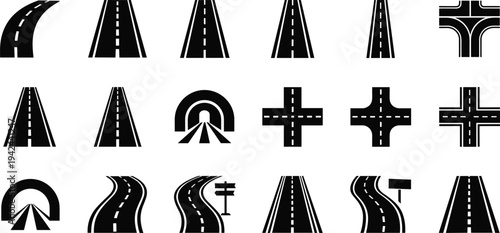 Collection of Eighteen Road and Highway Silhouettes Including Intersections Tunnels and Curved Paths for Transportation Infrastructure Journey Navigation Travel and Urban Street Design