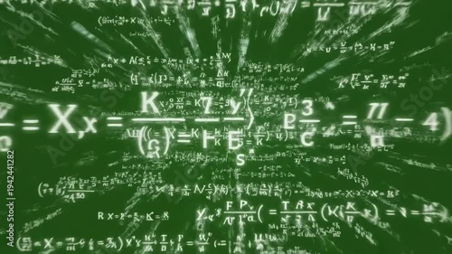 Green Screen camera flies through math formulas on background calculations functions equations matrix made up of abstract cognitive process concept seamless loop greenscreen chromakey scene 4 with