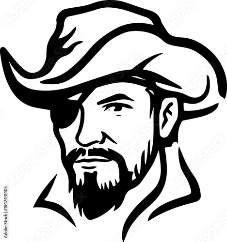 Hand Drawn Male Pirate Black and White Avatar Illustration in Minimal Line Art Style Design