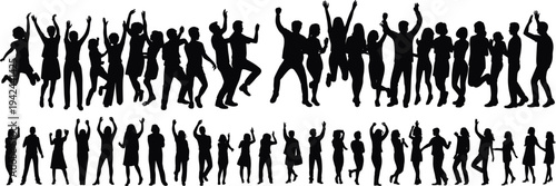 Flat vector dancing people silhouettes, joyful celebration crowd, diverse human movement illustration, energetic party design, community activity art, dynamic posture icons