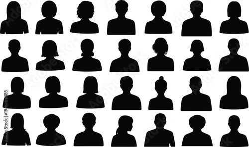 Flat vector diverse human head silhouettes, anonymous people icons, gender neutral avatar collection, demographic representation, diversity illustration, profile design