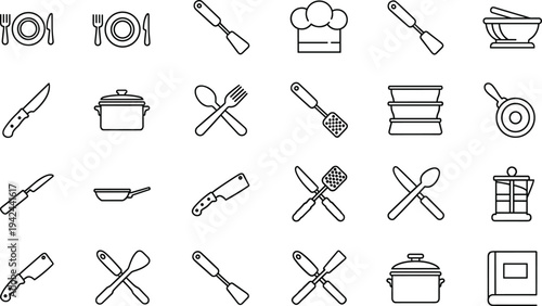 Kitchenware and cooking icon set vector illustration featuring culinary tools like pots pans knives spatulas chef hat and dinnerware isolated on white background.