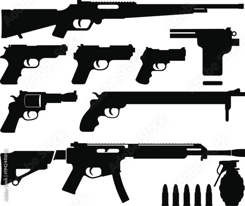 Flat vector firearm silhouettes, pistols revolvers rifles shotguns icons, weapon illustration design, ammunition grenade art, military gun collection, security defense concept