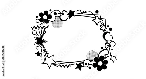 Decorative Black Floral Star Wreath Illustration.
