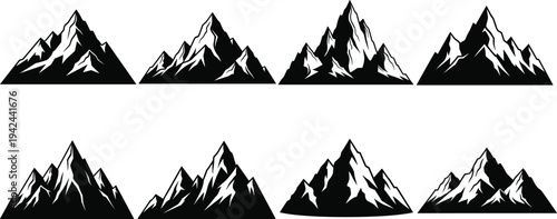 Collection of Eight Sharp Mountain Peak Silhouettes with Snow Caps for Outdoor Adventure Alpine Climbing Winter Tourism Nature Landscape and Wilderness Exploration Concept