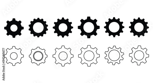 Collection of isolated black and white vector gear icons illustrating mechanical settings
