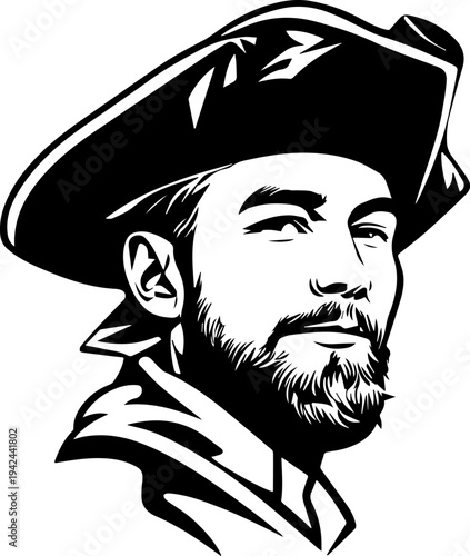 Hand Drawn Male Pirate Black and White Avatar Illustration in Minimal Line Art Style Design