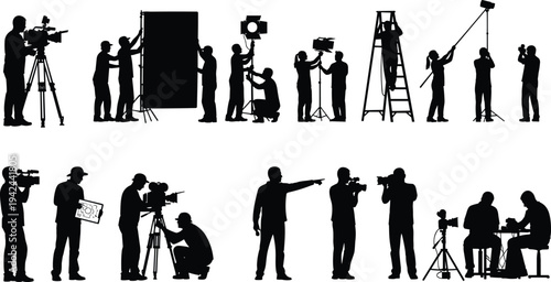 Professional film crew silhouette vector set featuring cameramen with tripods lighting technicians directors and photographers working on cinema production isolated on white background.