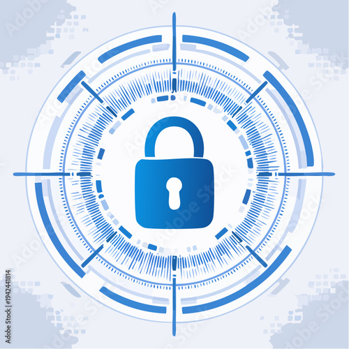 Digital security and data protection concept with a blue lock icon on a technological futuristic target background