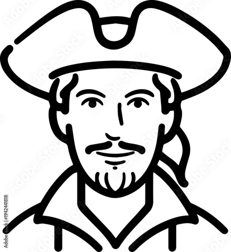 Hand Drawn Male Pirate Black and White Avatar Illustration in Minimal Line Art Style Design