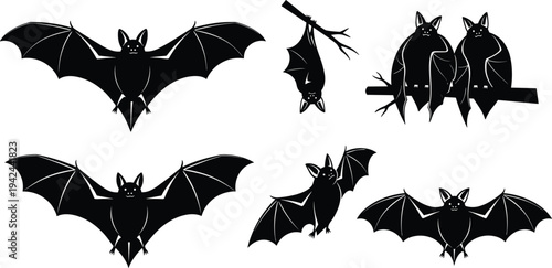 Bat silhouette vector set featuring flying hanging and perched fruit bats isolated on white background for Halloween decoration and spooky nature themed design projects.