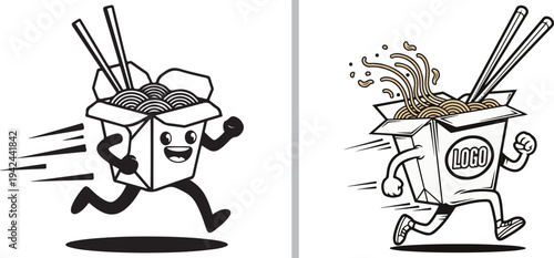 Two lively running noodle box mascots side-by-side. One is a bold black and white vector with a big smile; the other features brown noodles, a "LOGO" placeholder, and a detailed line-art style.