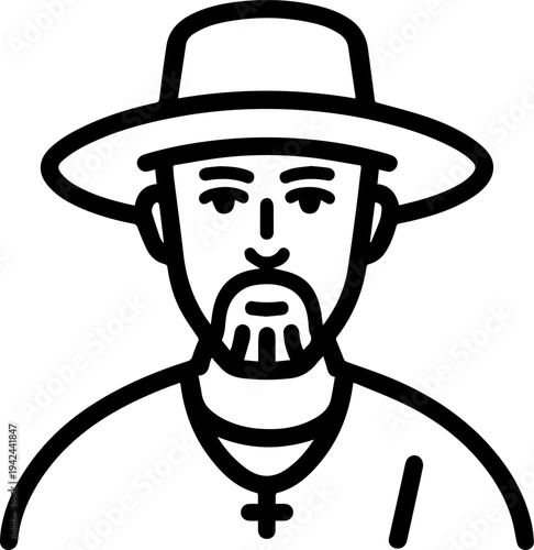 Hand Drawn Male Pirate Black and White Avatar Illustration in Minimal Line Art Style Design