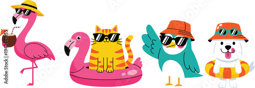 Summer cartoon animal vector set featuring flamingo with coconut cat in floatie bird and dog wearing sunglasses and hats isolated on white background.