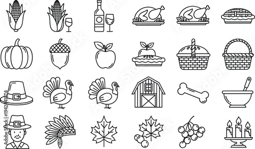 Thanksgiving holiday icon set vector illustration featuring autumn harvest symbols like turkey pumpkin corn pilgrim hat and fall leaves isolated on white background.