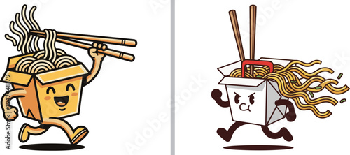 Cheerful and determined vector mascots of Chinese takeout boxes running at high speed. Features stylized noodles, chopsticks, and expressive faces, perfect for food delivery branding.