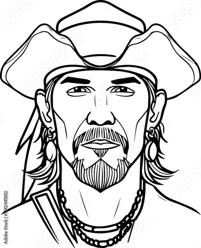 Hand Drawn Male Pirate Black and White Avatar Illustration in Minimal Line Art Style Design