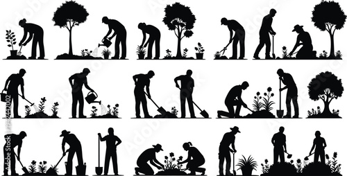 Gardening people silhouette vector set featuring men and women planting watering and digging in garden with trees and flowers isolated on white background.