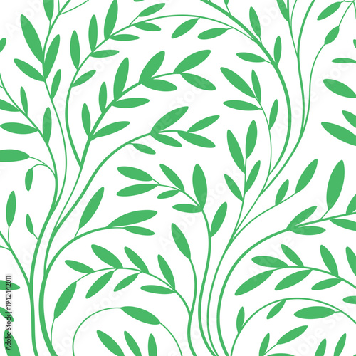 Seamless pattern of green branches with leaves on transparent background, nature inspired floral design, organic background