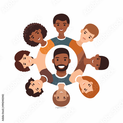 Vibrant vector icon depicting a diverse group of smiling people in a unified circle, symbolizing strong community bonds, global connection, and collaborative spirit for social impact