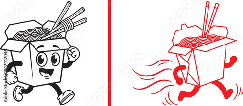 Two energetic vector illustrations of running Chinese takeout boxes in black and red line art. The characters feature happy expressions, noodles, and chopsticks, ideal for fast food branding.