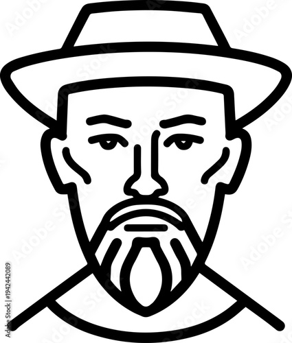 Hand Drawn Male Pirate Black and White Avatar Illustration in Minimal Line Art Style Design