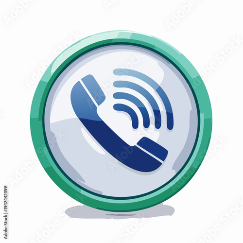 Communication symbol with a phone receiver and sound waves indicating an incoming call or connection, within a circular frame