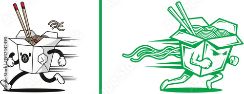 Two fast-running Chinese takeout box mascots in vector style. Features a black and white character with red-tipped chopsticks and a dynamic green line-art version, both depicting rapid delivery.