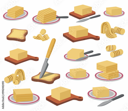 Butter Block Knife Bread Spreading Vector Set Featuring Dairy Butter Slice Knife Breakfast Cooking Baking Food Kitchen Illustration