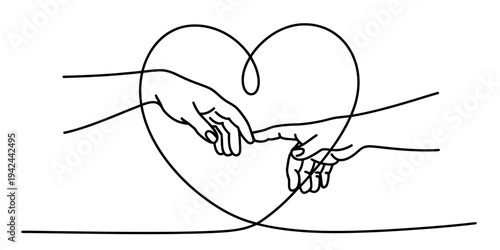 Continuous line drawing of two hands reaching towards each other inside a heart shape symbol Vector, illustration