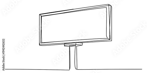 A simple line drawing of a large blank billboard on a single pole against a white background. Vector, illustration
