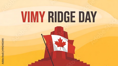 Vimy Ridge Day memorial monument with Canadian flag waving proudly against a warm yellow sky