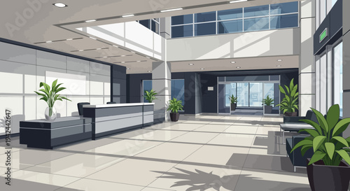 Bright modern office lobby reception area with natural light