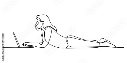 Continuous one line drawing of a woman lying on the floor and working on her laptop computer Vector, illustration