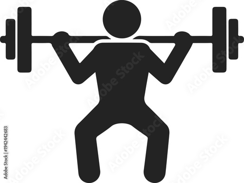 Black silhouette of a person doing a squat with a barbell isolated on white background