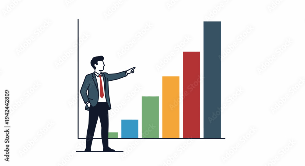 Fototapeta premium Businessman pointing at growing bar chart showing financial success