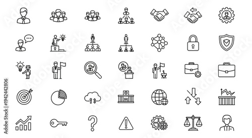 Business management corporate strategy finance leadership outline icons set