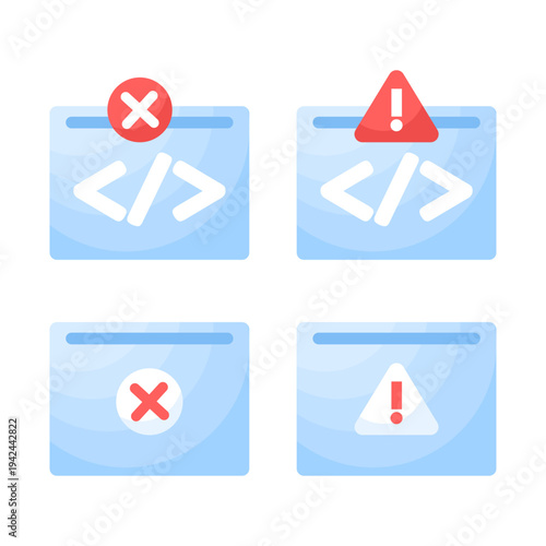 Vector illustration of program error and malware warning sign, system failure notification, software bug alert, cybersecurity risk concept with icons and symbols in flat design