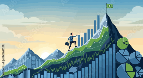 Businessperson climbing mountain graph towards success flag.