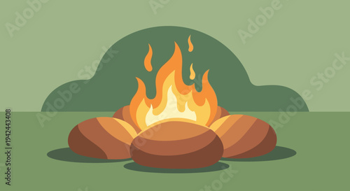 Campfire with glowing embers and flames burning brightly.