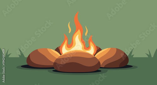 Campfire burning brightly surrounded by rocks.