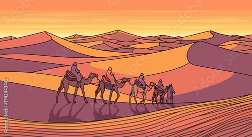 Caravan of camels walking across desert sand dunes at sunset.